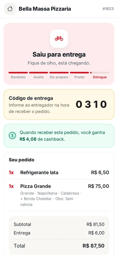 Tela do app da loja: acompanhando o pedido