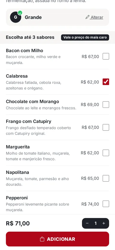 Tela do app da loja: montando a pizza