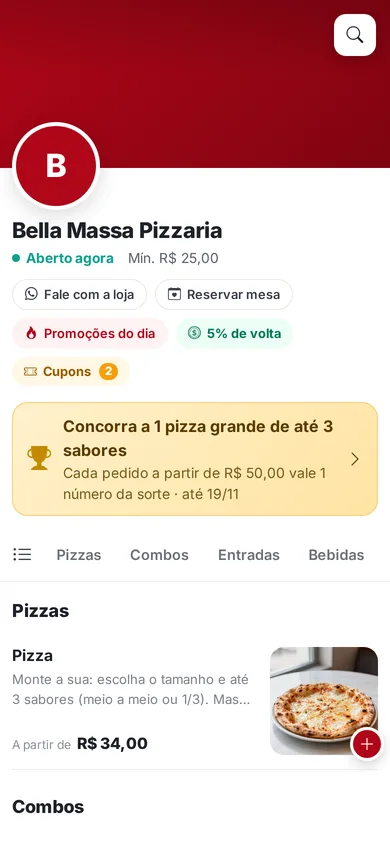 Tela do app da loja: cardápio