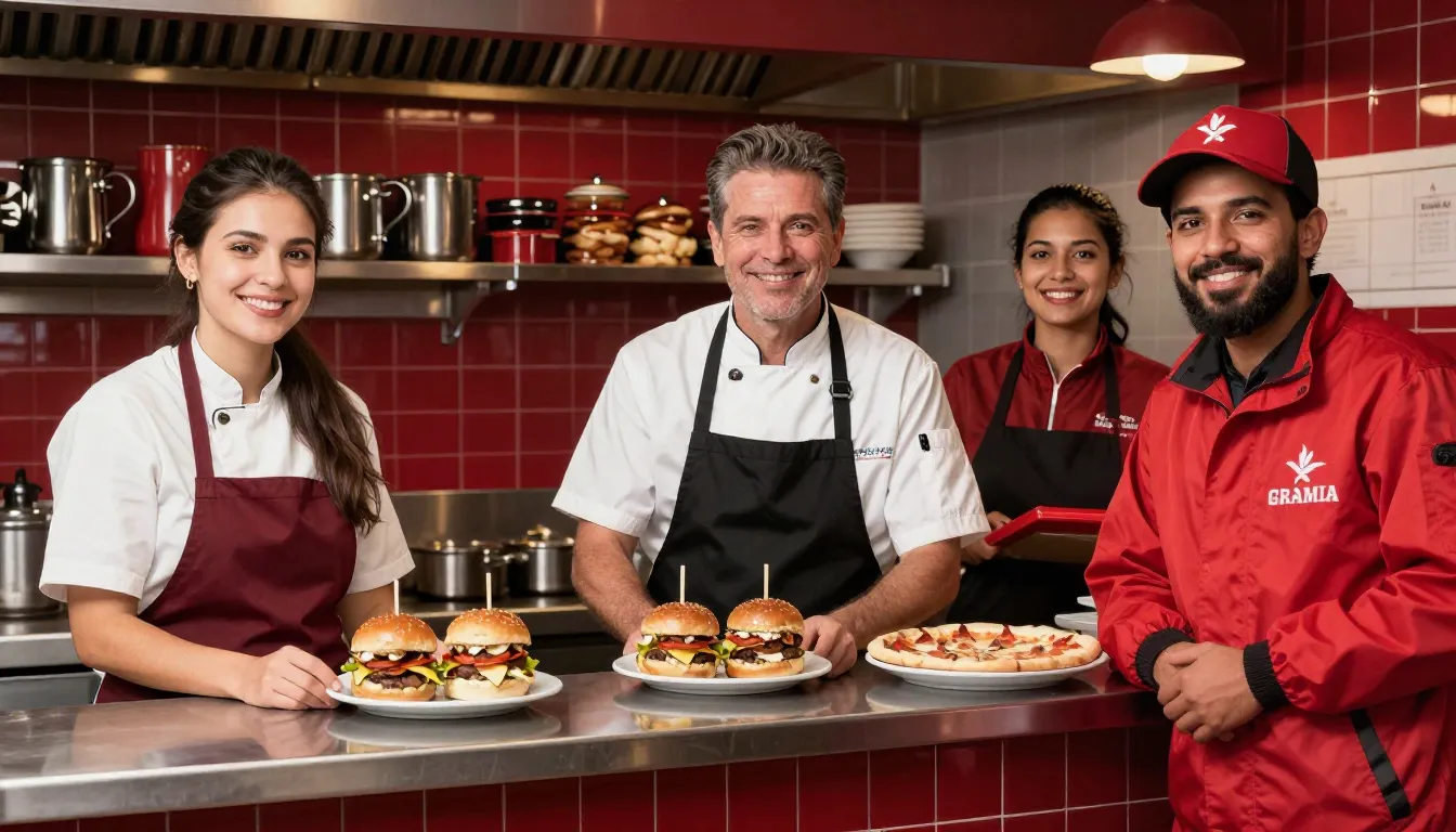 Equipe de uma pizzaria sorrindo atrás do balcão