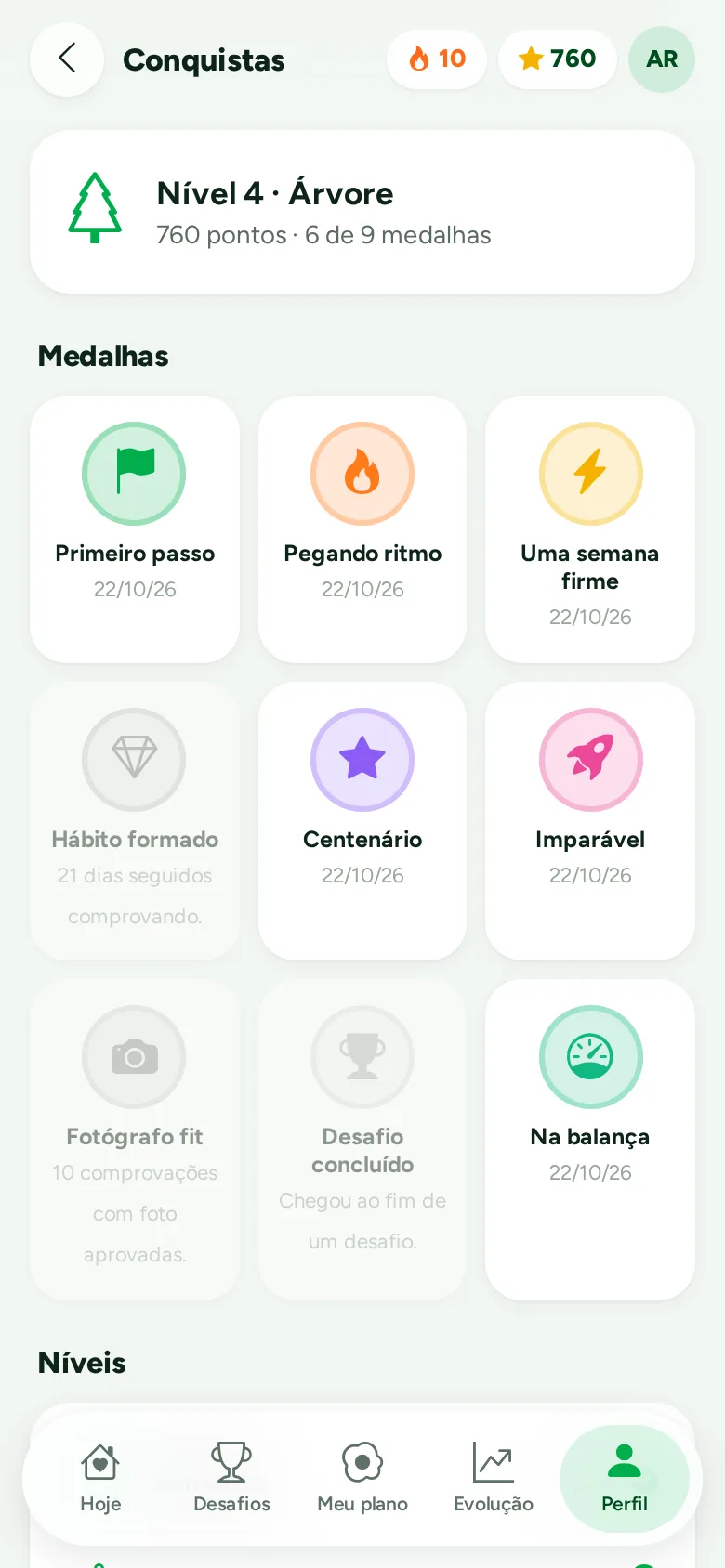 Tela Conquistas do app do paciente: medalhas e níveis