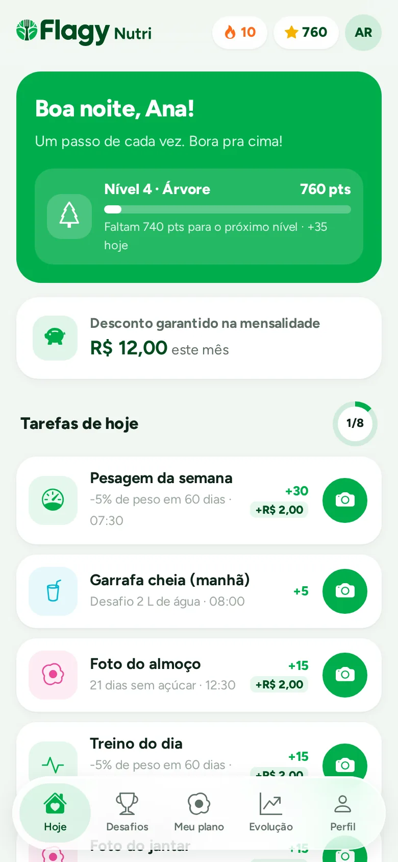 Tela Hoje do app do paciente: tarefas, água e a próxima refeição