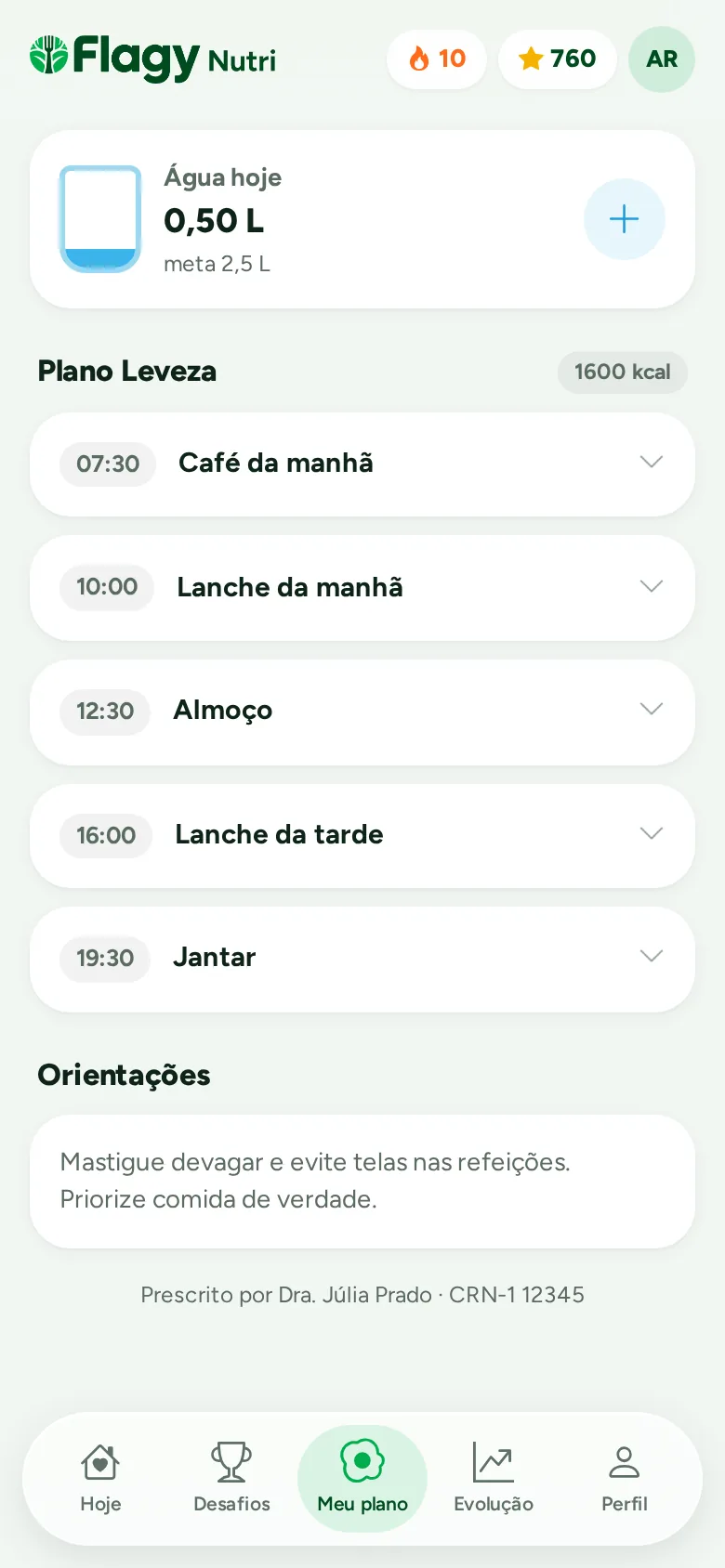 Tela Meu plano do app do paciente: refeições com horário e substituições
