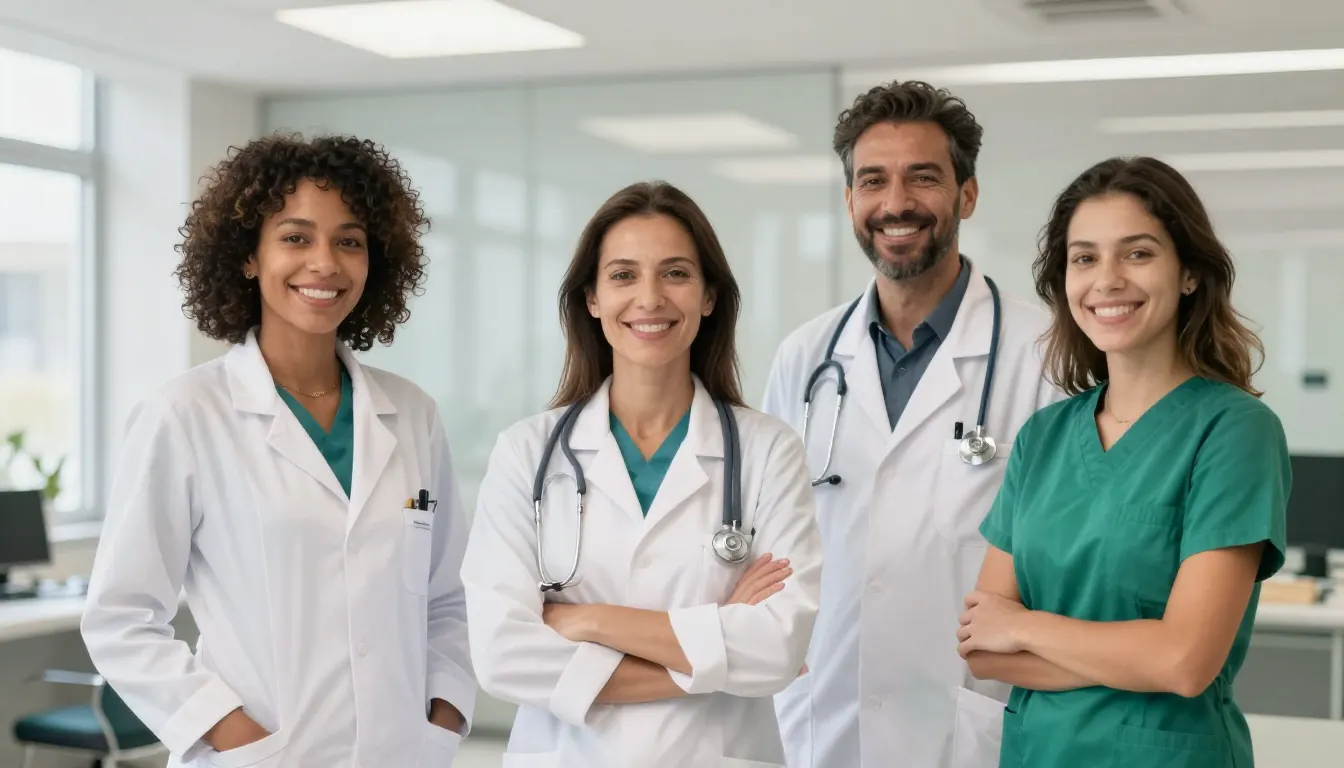 Equipe de nutricionista, médico e educador físico sorrindo na clínica