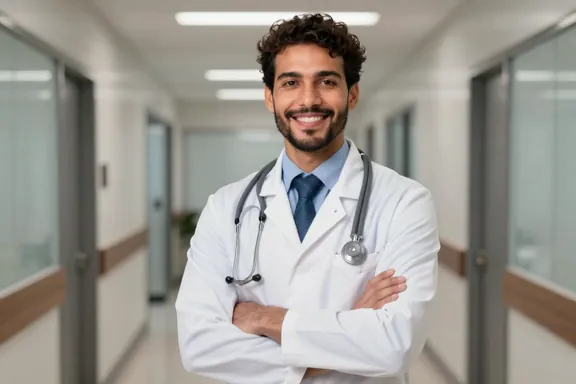 Médico de jaleco sorrindo no corredor da clínica