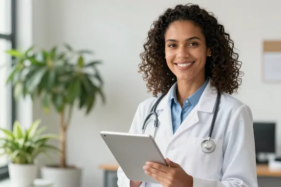 Nutricionista sorrindo com um tablet na clínica