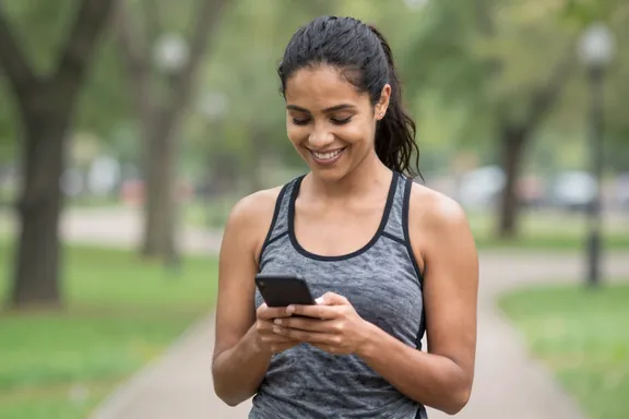 Paciente sorrindo olhando o celular depois de uma caminhada