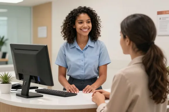 Recepcionista atendendo uma paciente no balcão da clínica