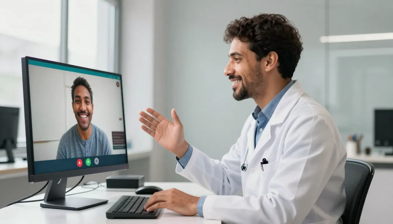 Médico conversando com um paciente pela tela do computador