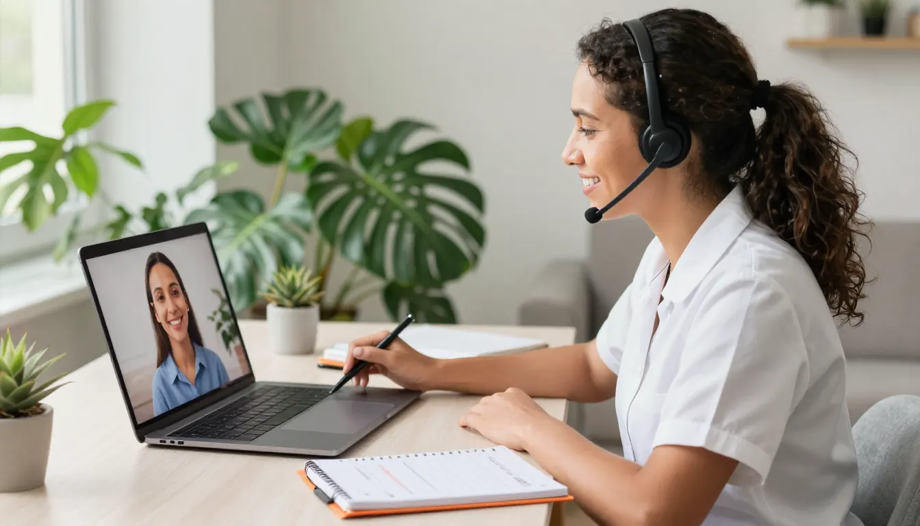 Nutricionista em casa acompanhando uma paciente pelo computador