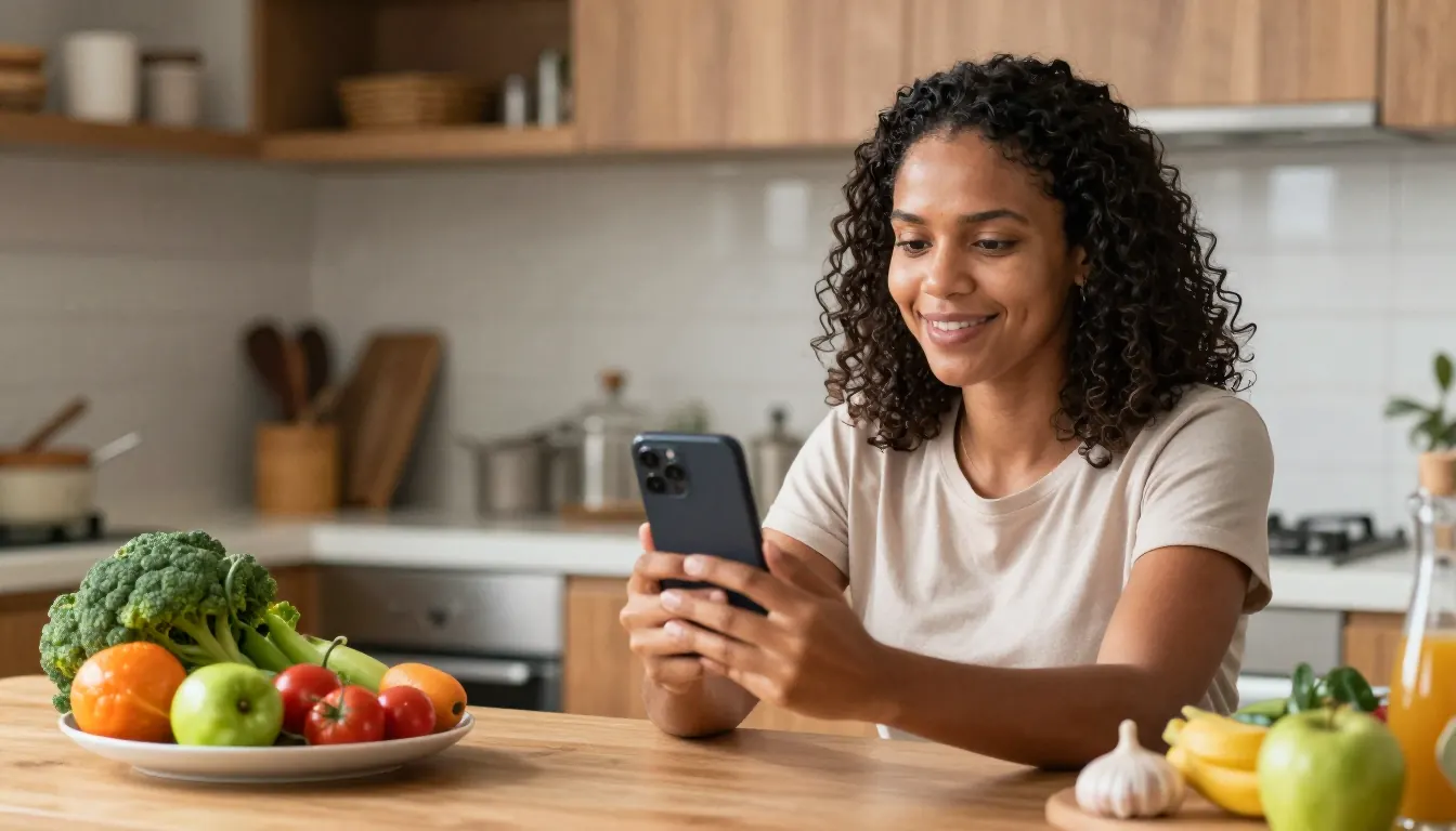 Paciente em casa, na cozinha, falando com a nutricionista por videochamada no celular