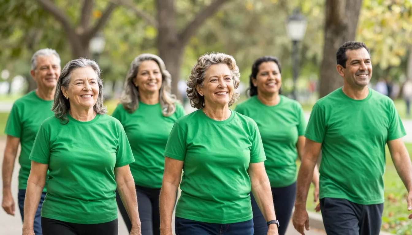 Turma de pacientes comemorando juntos depois de uma caminhada no parque