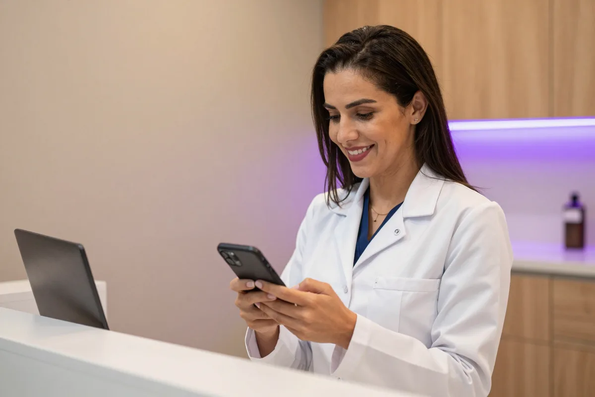 Recepcionista de clínica sorrindo enquanto lê o celular