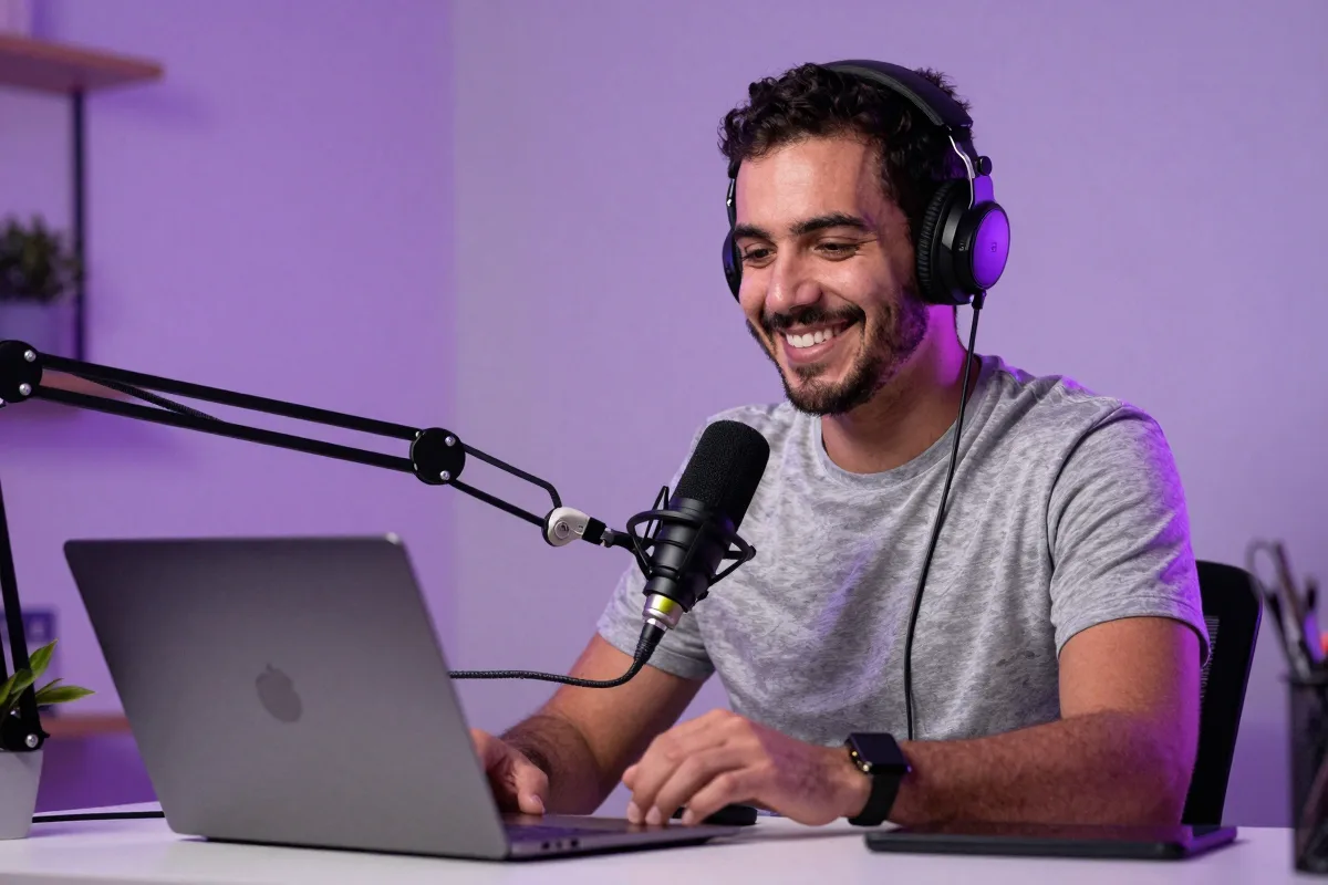 Produtor de cursos gravando com microfone e notebook