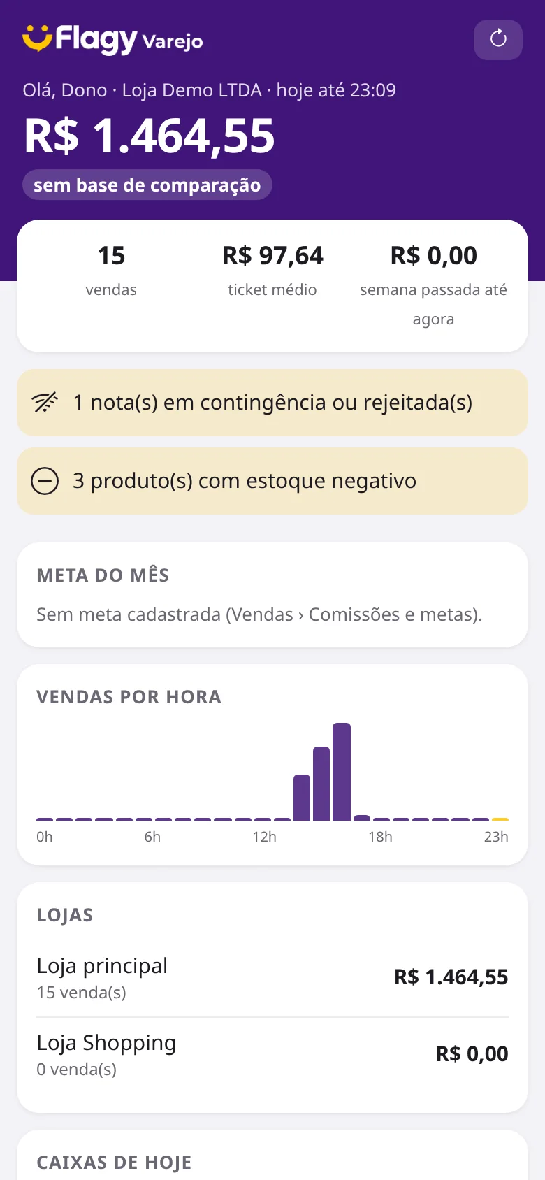 App do dono no celular: vendas de hoje, ticket médio e avisos da loja