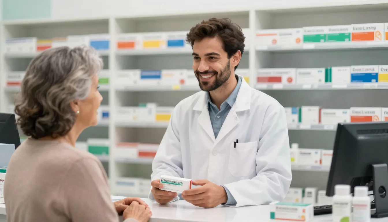 Farmacêutico atendendo uma cliente no balcão da drogaria