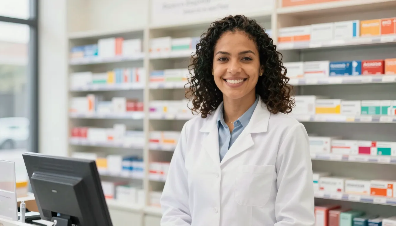 Farmacêutica sorrindo atrás do balcão de uma drogaria