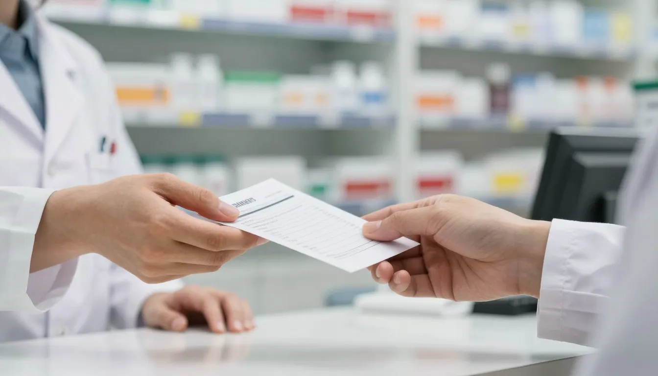 Cliente entregando a receita ao farmacêutico no balcão