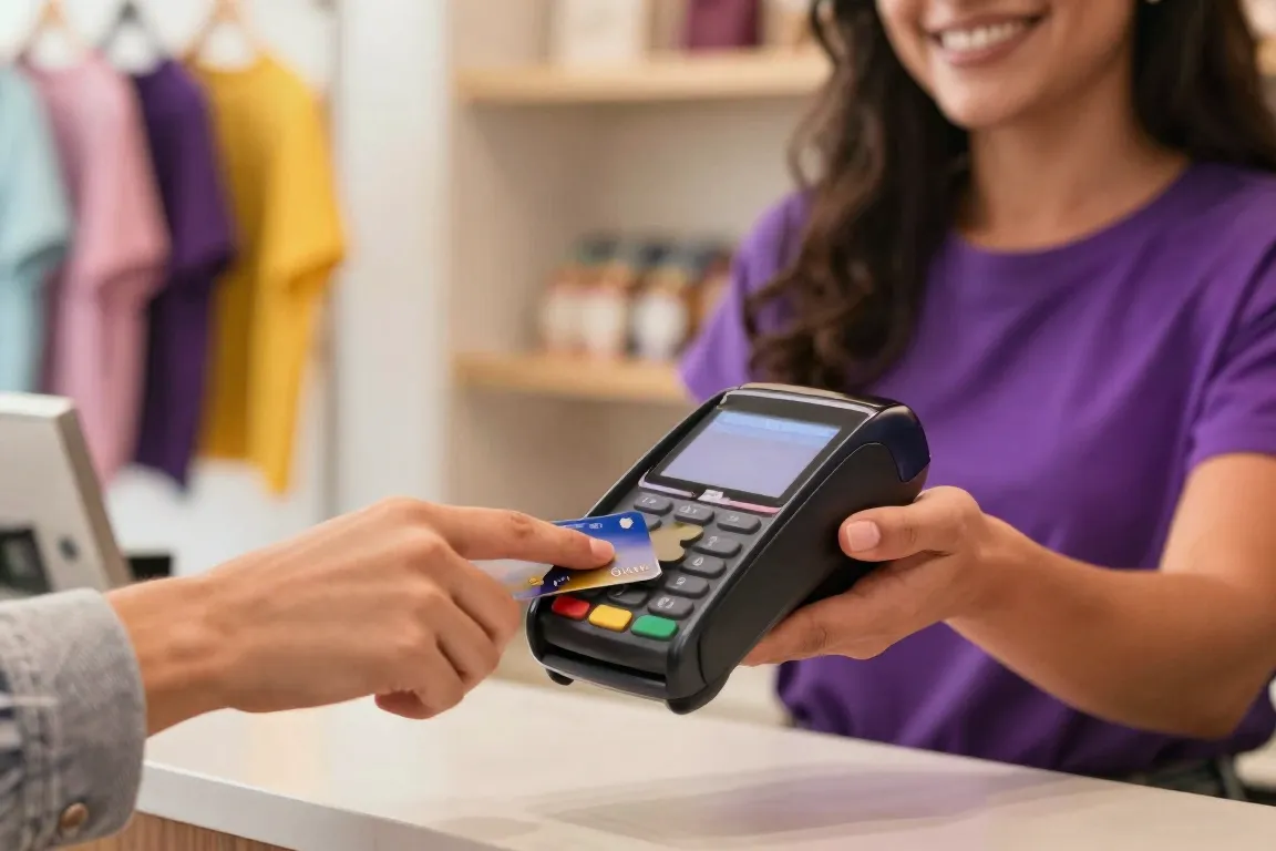 Cliente aproximando o cartão na maquininha segurada pela atendente no balcão da loja