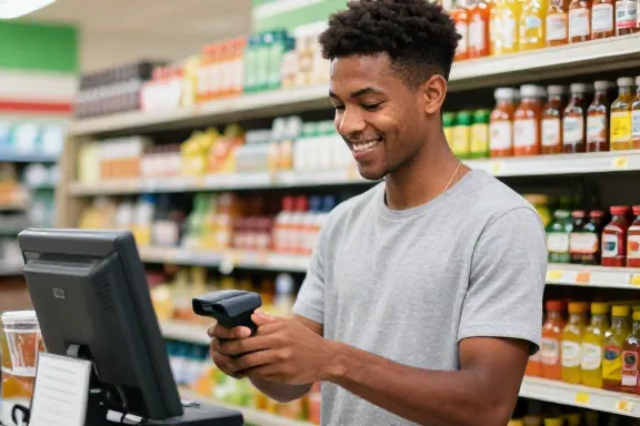 Operador de caixa de um mercadinho passando um produto no leitor de código de barras