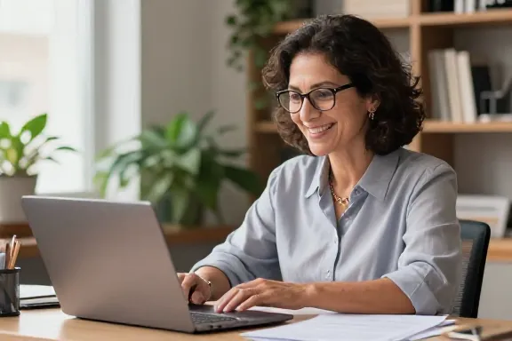 Contadora sorrindo na mesa do escritório com notebook e documentos