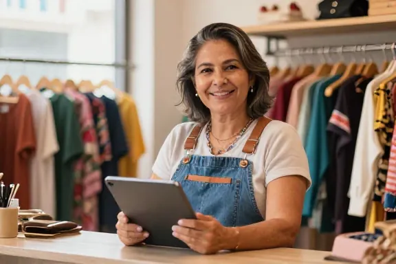 Dona de uma loja de roupas sorrindo atrás do balcão com um tablet na mão