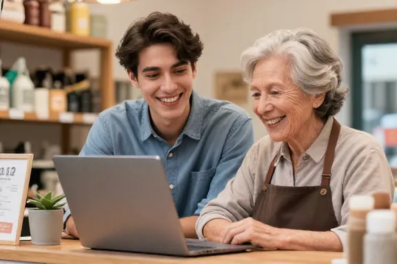 Consultor da Flagy mostrando o sistema no notebook para o dono de uma loja no balcão