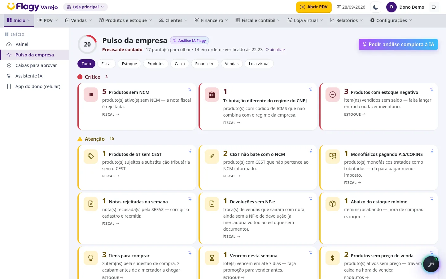 Pulso da empresa: cartões com o que precisa de atenção no fiscal, estoque e produtos