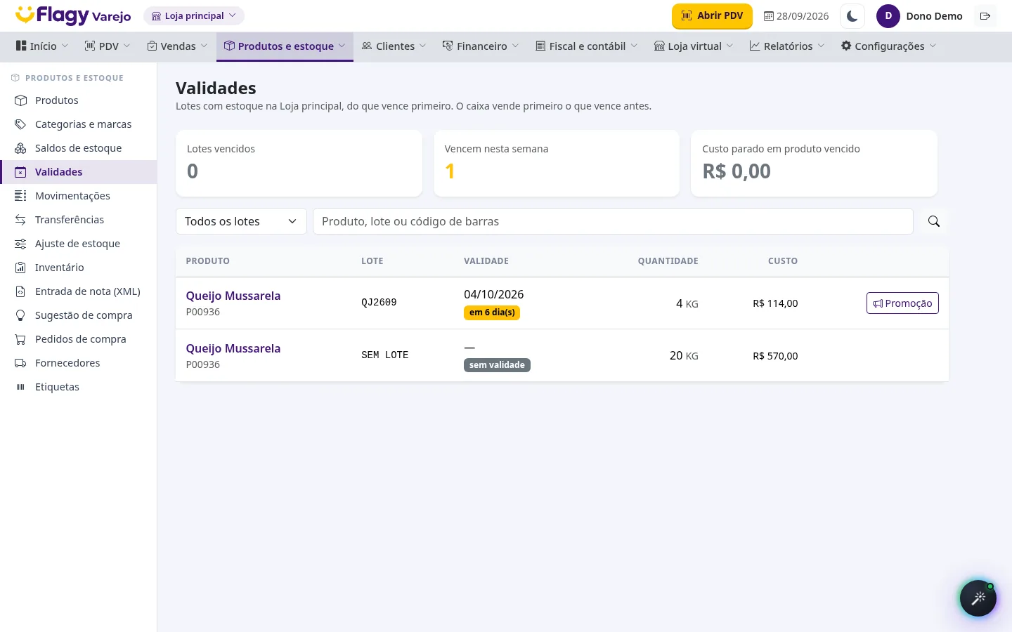 Tela de validades do Flagy Varejo com lote vencendo em 6 dias